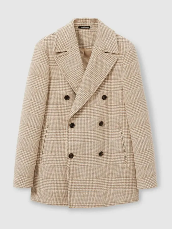 REISS Coats and Jackets Men Wool Blend Double Breasted Peacoat Oatmeal Check