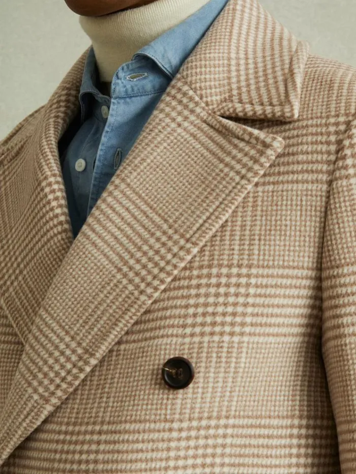 REISS Coats and Jackets Men Wool Blend Double Breasted Peacoat Oatmeal Check