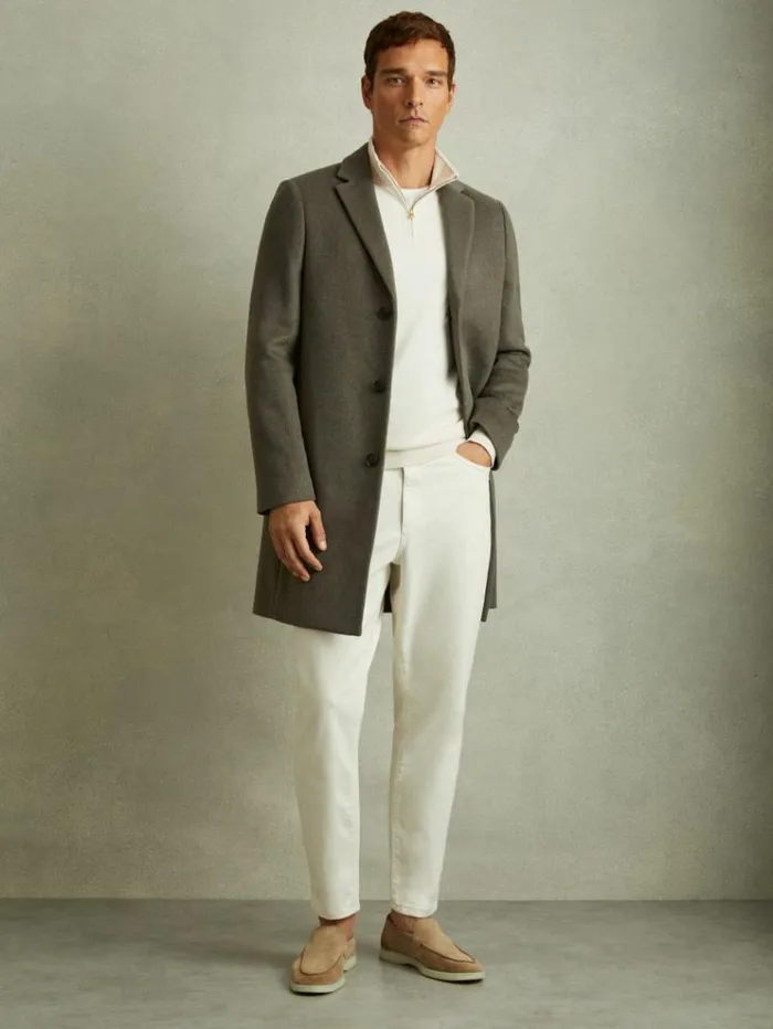 REISS Coats and Jackets Men Wool Blend Single Breasted Epsom Overcoat Green Smoke