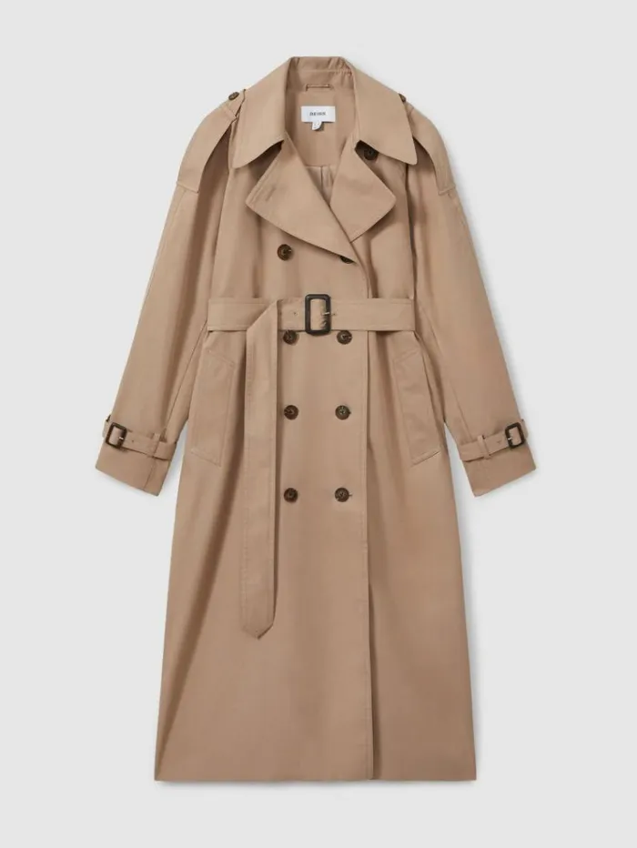 REISS Coats and Jackets Women Double Breasted Belted Trench Coat Camel