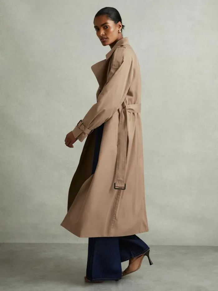 REISS Coats and Jackets Women Double Breasted Belted Trench Coat Camel