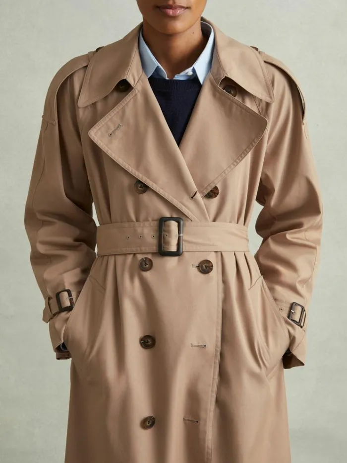 REISS Coats and Jackets Women Double Breasted Belted Trench Coat Camel