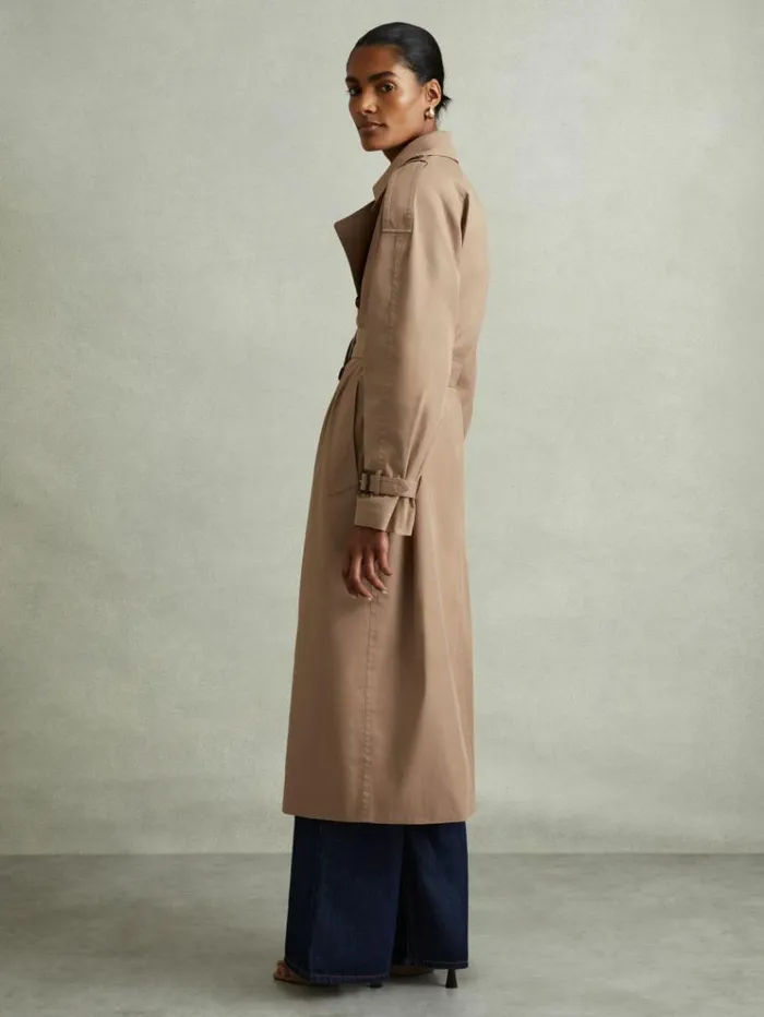 REISS Coats and Jackets Women Double Breasted Belted Trench Coat Camel
