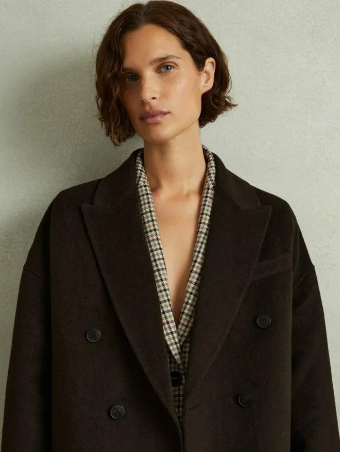 REISS Coats and Jackets Women Wool Blend HerringboneTwill Coat Chocolate