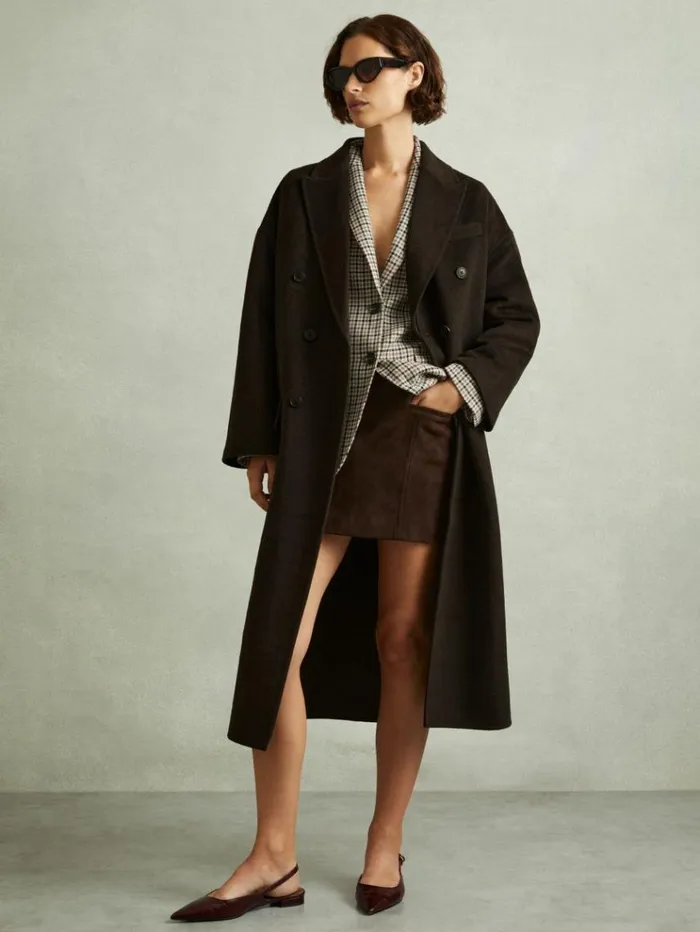 REISS Coats and Jackets Women Wool Blend HerringboneTwill Coat Chocolate