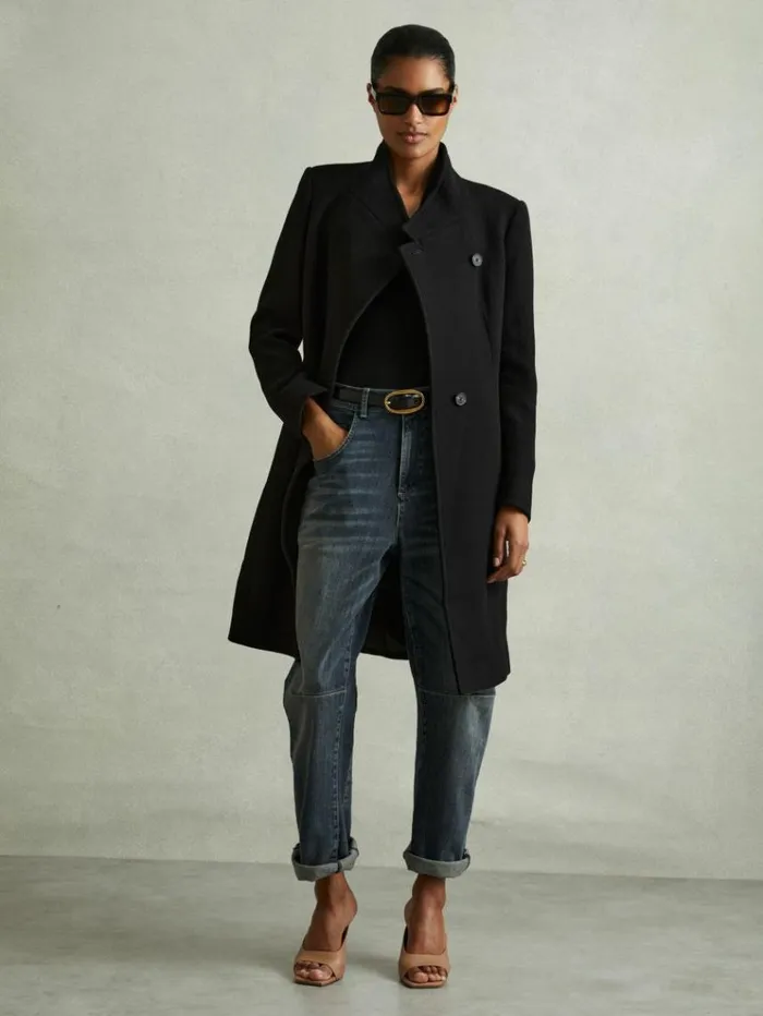 REISS Coats and Jackets Women WoolBlend Longline DoubleBreasted Coat Black