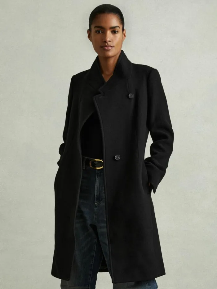 REISS Coats and Jackets Women WoolBlend Longline DoubleBreasted Coat Black