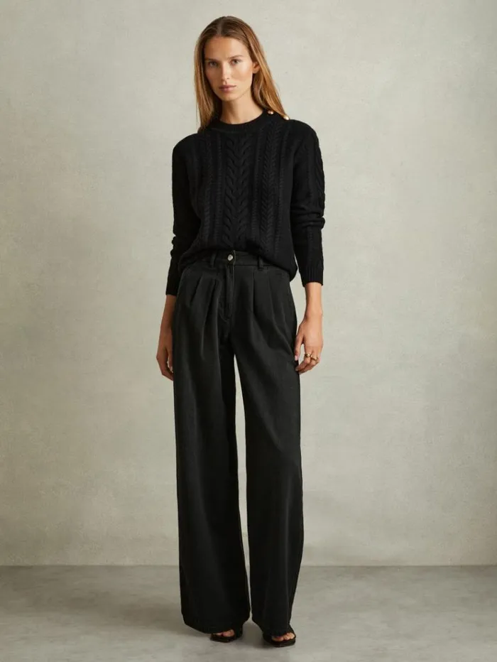 REISS Denim Women Double Pleat Wide Leg Jeans Black