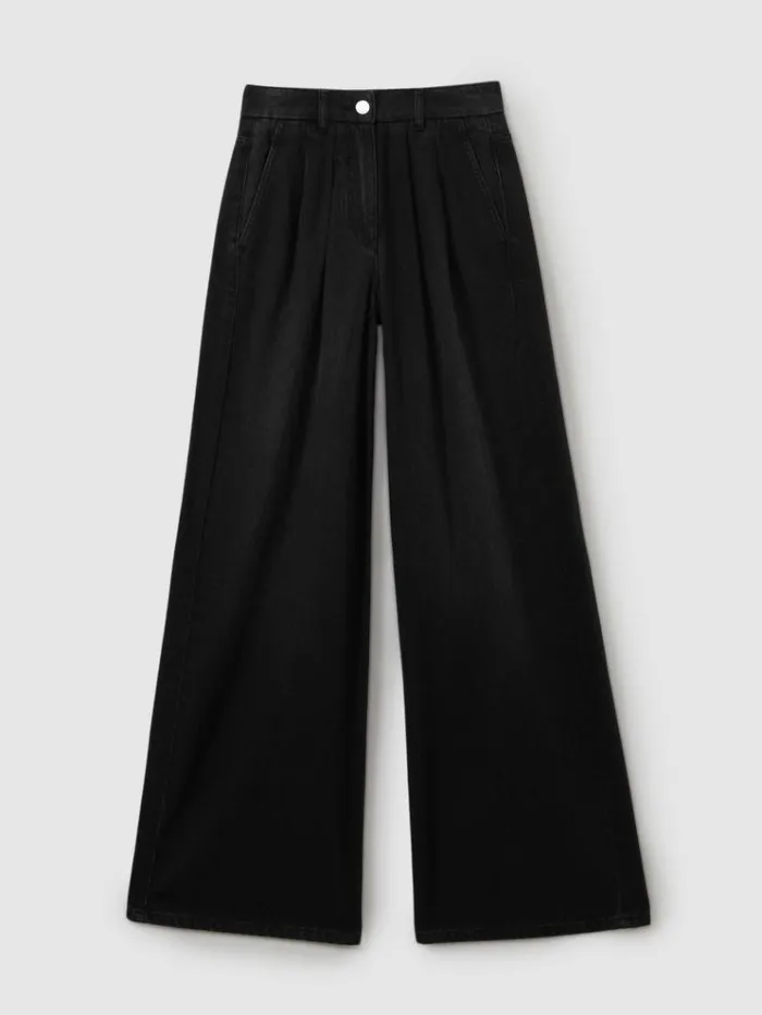 REISS Denim Women Double Pleat Wide Leg Jeans Black