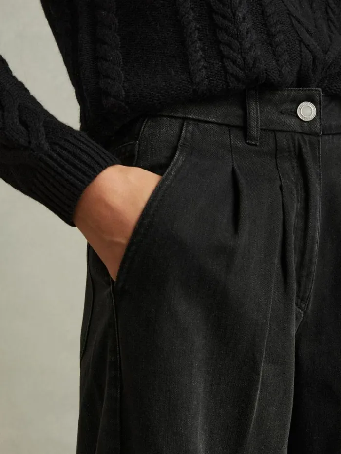 REISS Denim Women Double Pleat Wide Leg Jeans Black
