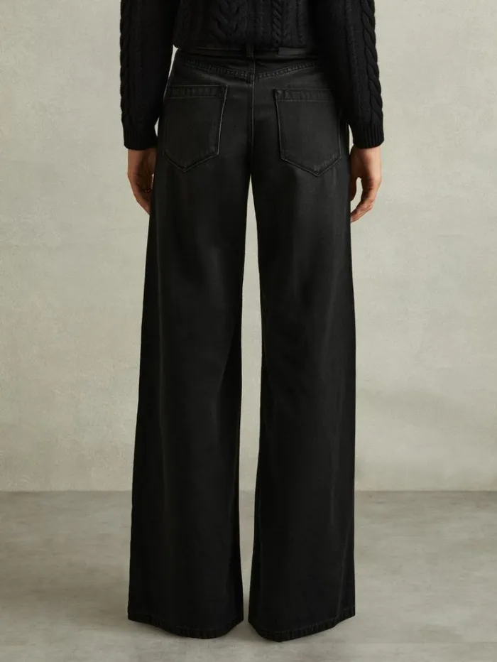 REISS Denim Women Double Pleat Wide Leg Jeans Black