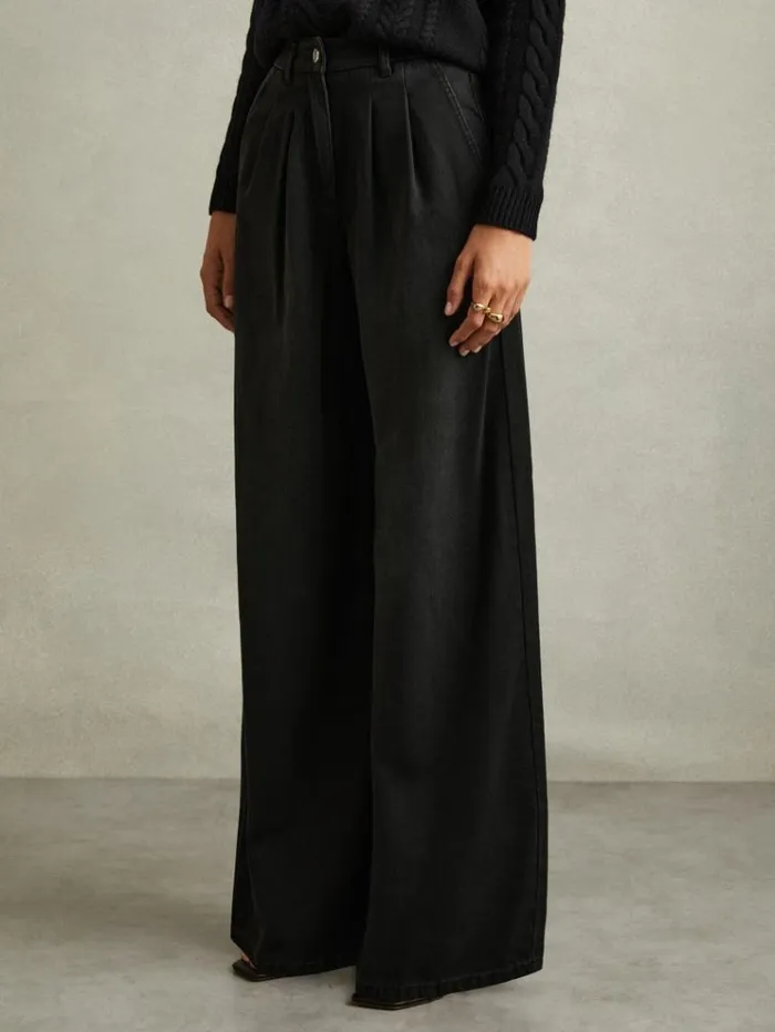 REISS Denim Women Double Pleat Wide Leg Jeans Black