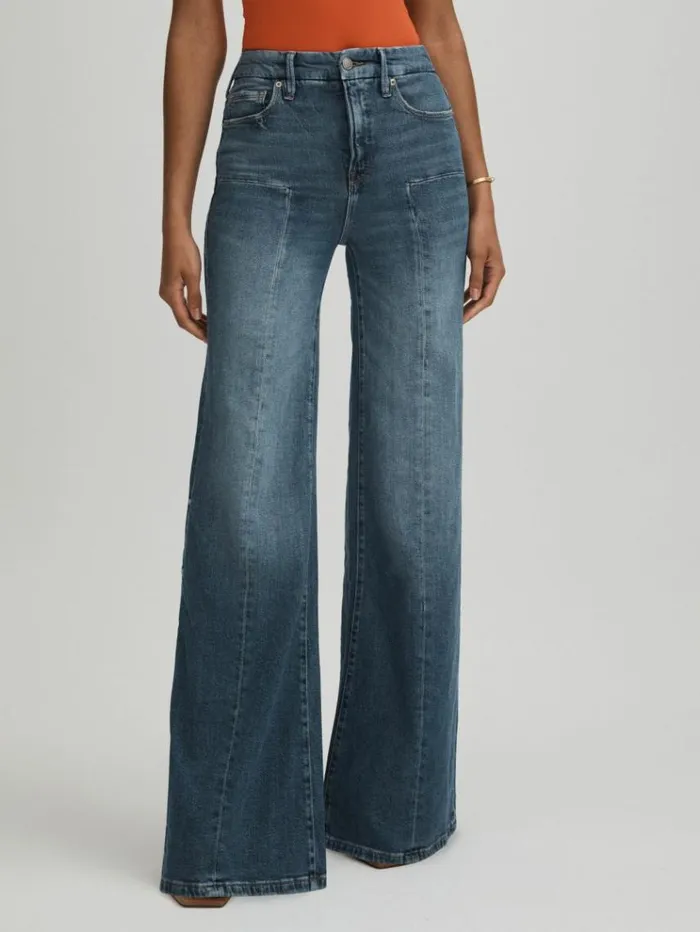 REISS Denim Women Good American High Rise Distressed Palazzo Jeans Blue
