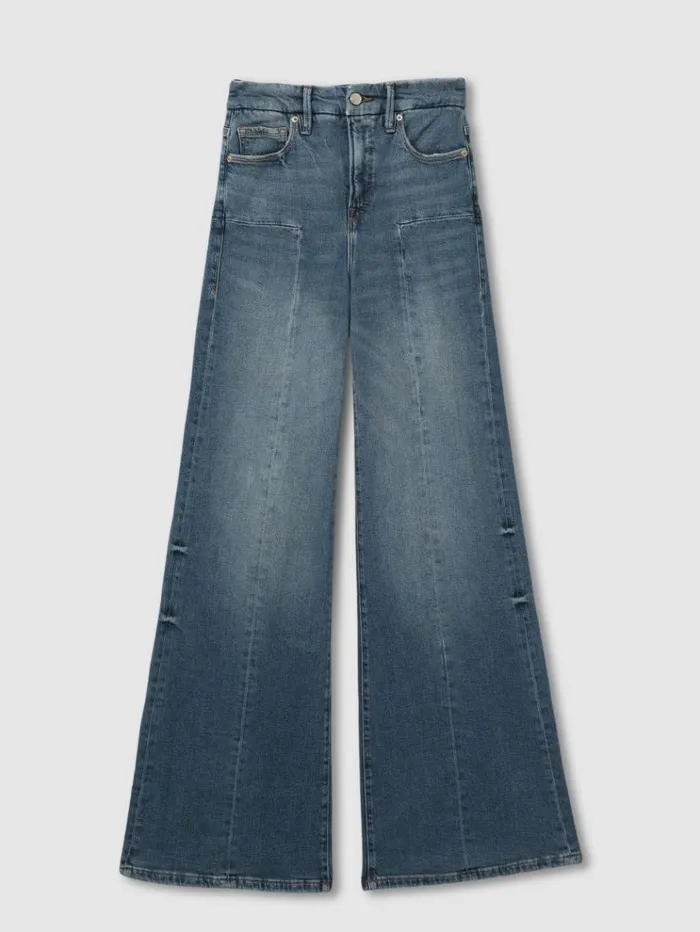 REISS Denim Women Good American High Rise Distressed Palazzo Jeans Blue