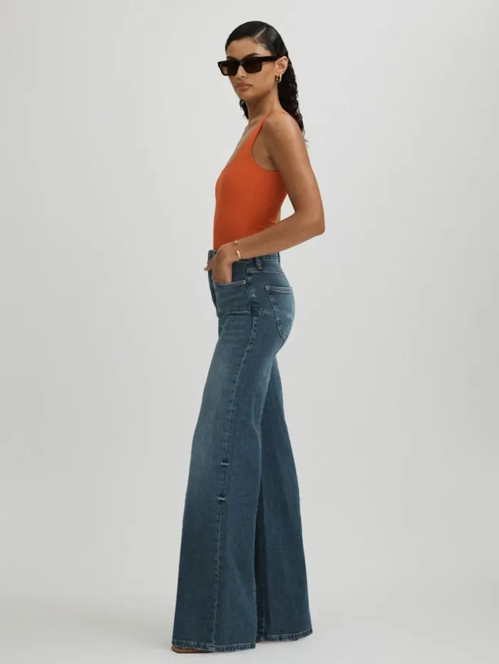 REISS Denim Women Good American High Rise Distressed Palazzo Jeans Blue