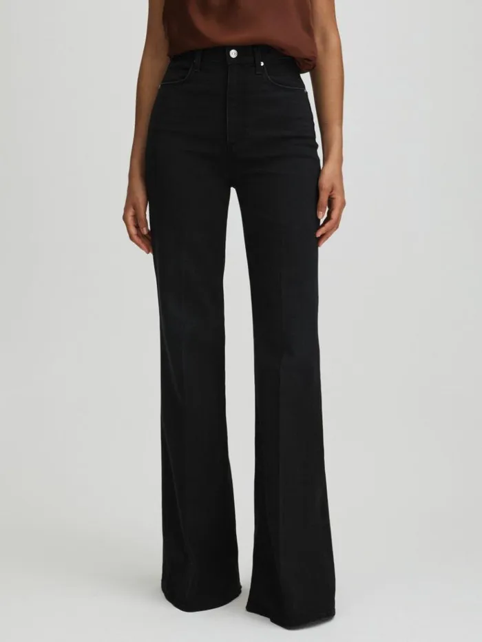 REISS Denim Women Paige High Rise Flared Jeans Midnight Raven