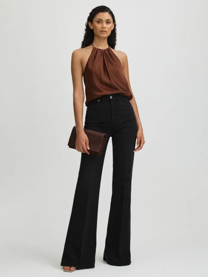 REISS Denim Women Paige High Rise Flared Jeans Midnight Raven