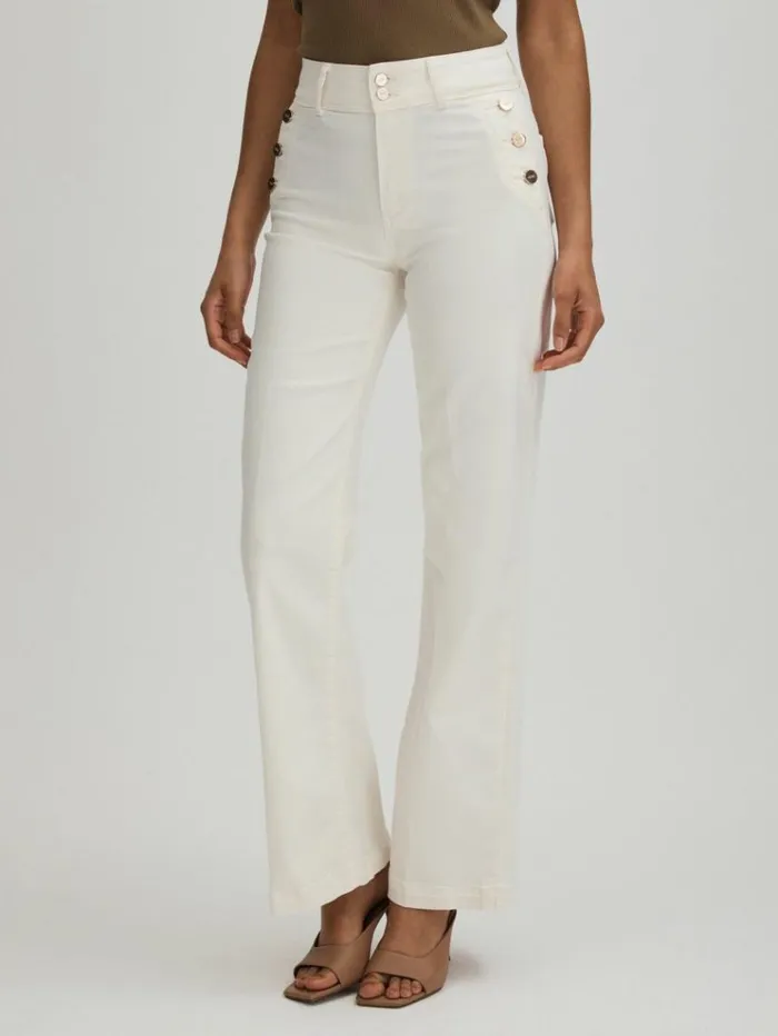 REISS Denim Women Paige High Rise Wide Leg Button Detail Jeans Ecru