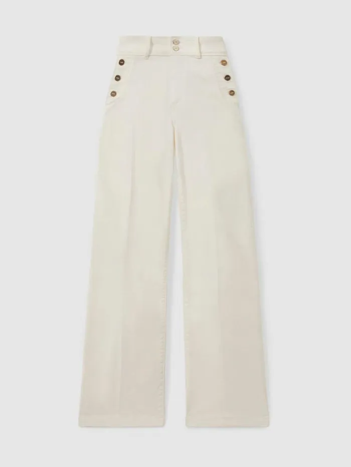 REISS Denim Women Paige High Rise Wide Leg Button Detail Jeans Ecru