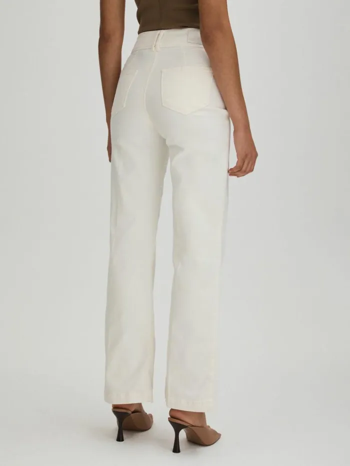 REISS Denim Women Paige High Rise Wide Leg Button Detail Jeans Ecru