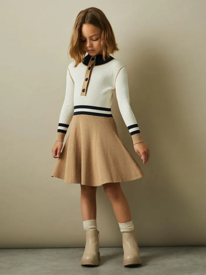 REISS Dresses Children Knitted ButtonThrough Funnel Neck Dress Camel