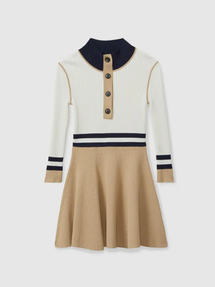 REISS Dresses Children Knitted ButtonThrough Funnel Neck Dress Camel