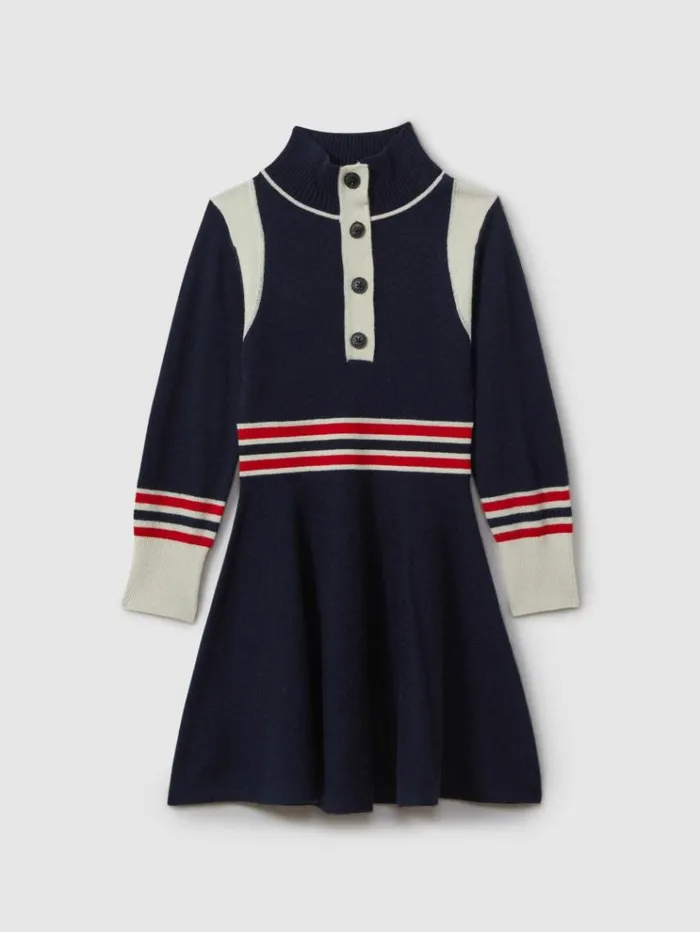 REISS Dresses Children Knitted ButtonThrough Funnel Neck Skater Dress Navy