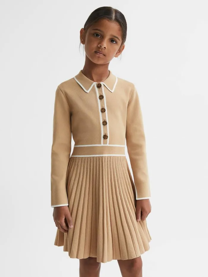 REISS Dresses Children Knitted Polo Skater Dress Camel