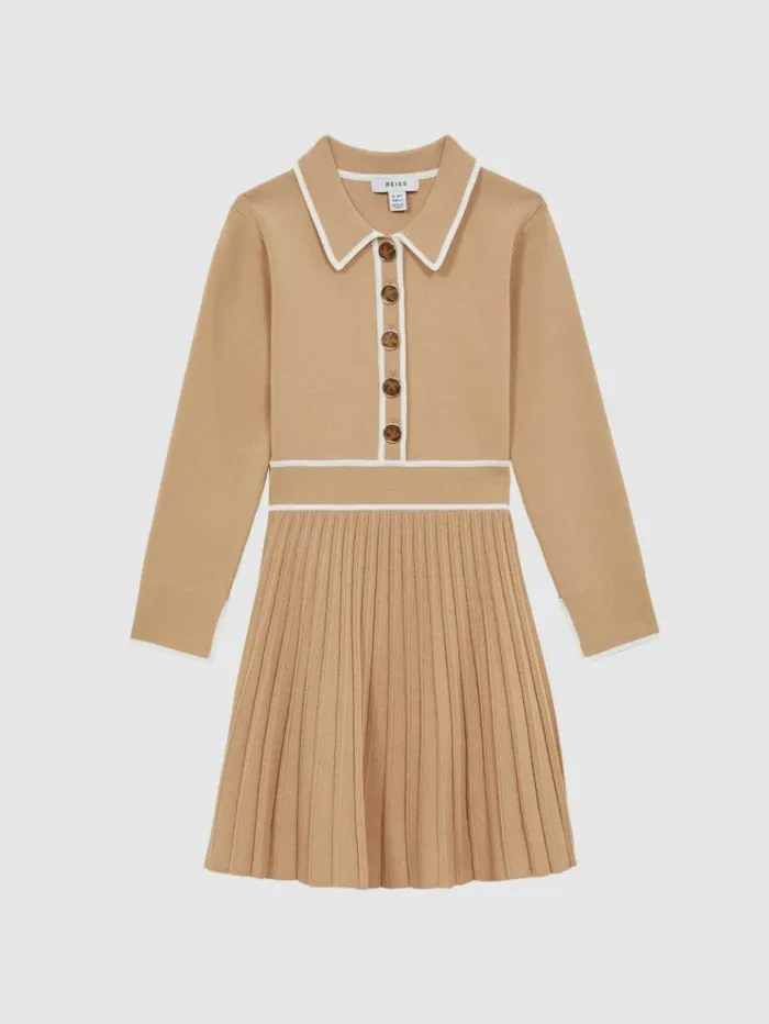REISS Dresses Children Knitted Polo Skater Dress Camel