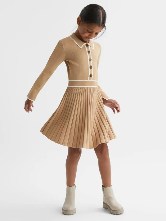 REISS Dresses Children Knitted Polo Skater Dress Camel