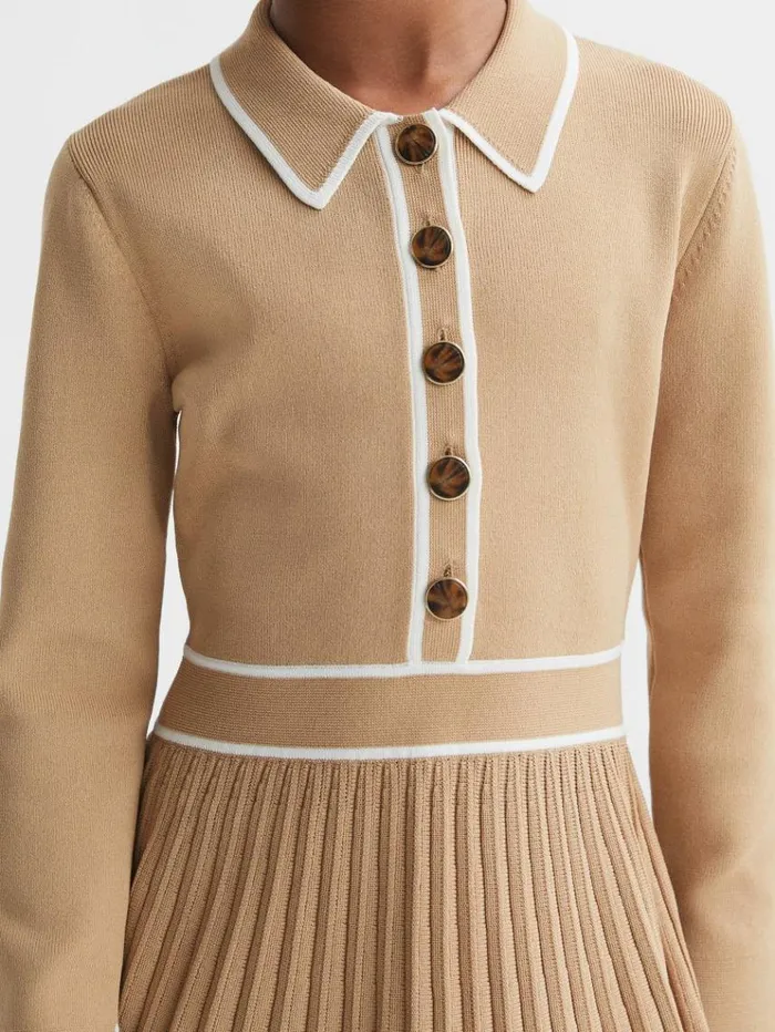 REISS Dresses Children Knitted Polo Skater Dress Camel