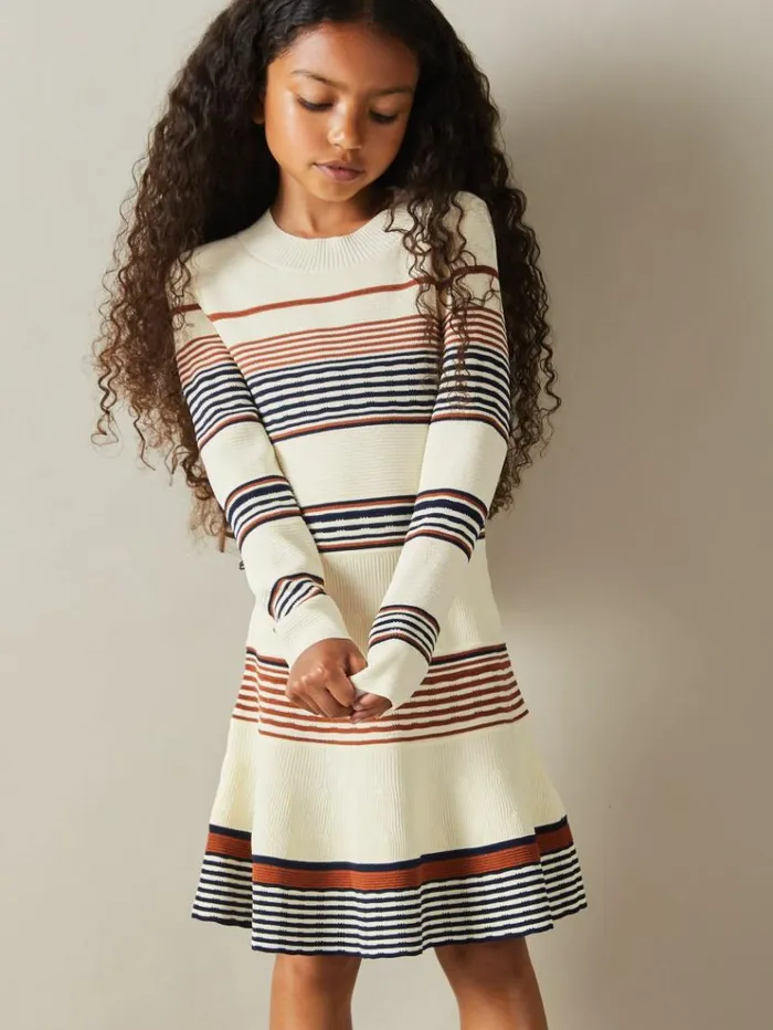 REISS Dresses Children Knitted Striped Skater Dress Camel