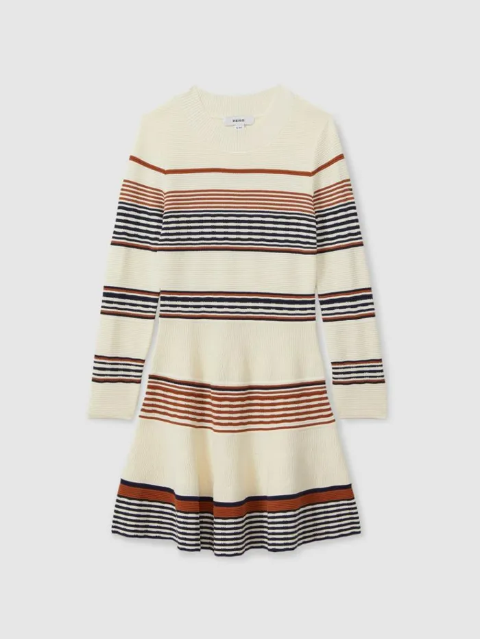 REISS Dresses Children Knitted Striped Skater Dress Camel