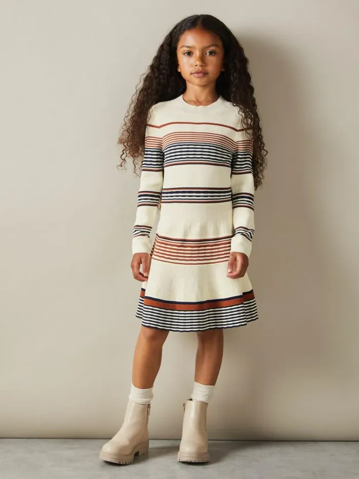 REISS Dresses Children Knitted Striped Skater Dress Camel