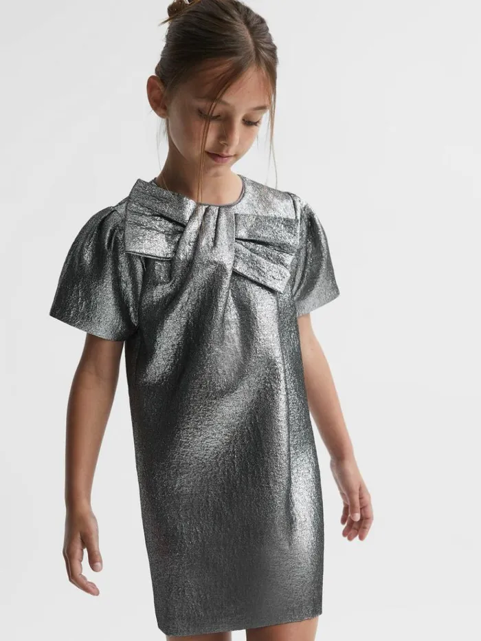 REISS Dresses Children Metallic Bow Dress Silver