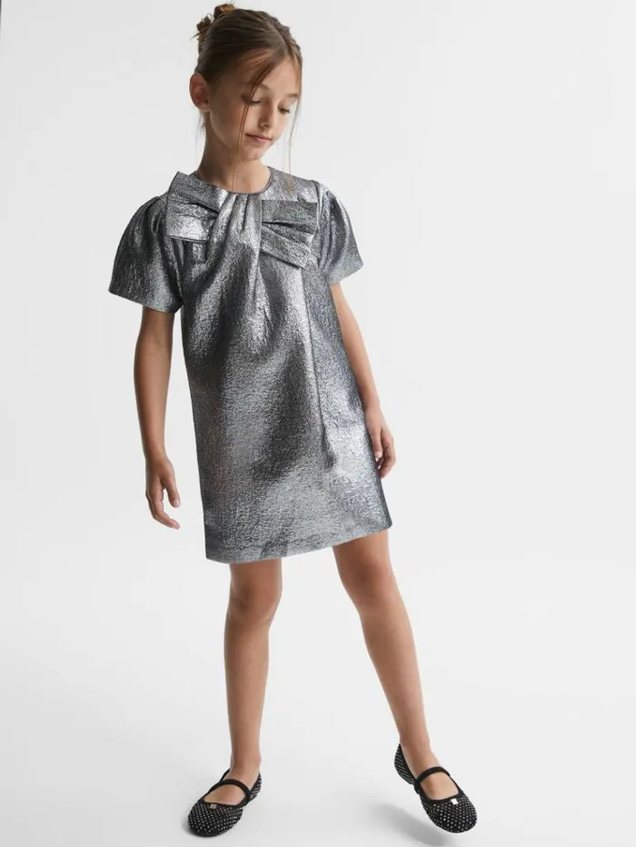 REISS Dresses Children Metallic Bow Dress Silver