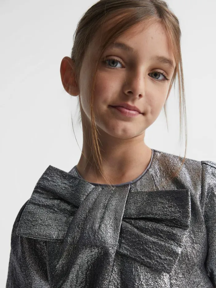 REISS Dresses Children Metallic Bow Dress Silver