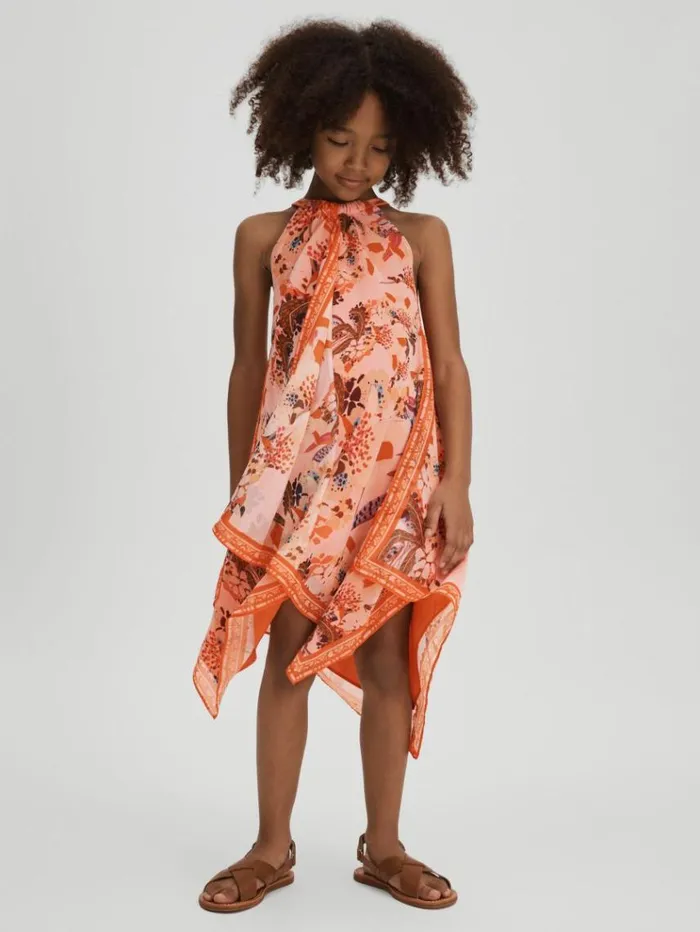 REISS Dresses Children Printed Draped Halter Neck Dress Pink Print