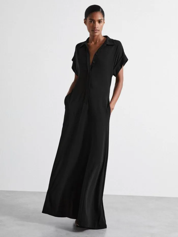 REISS Dresses Women Atelier Polo Collar Jersey Maxi Dress Black