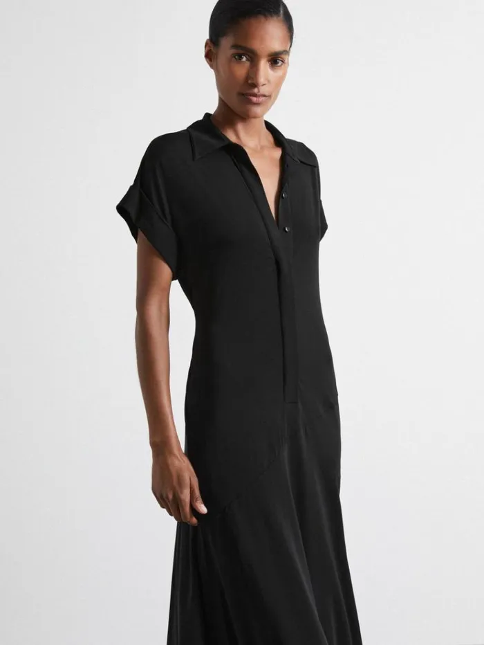 REISS Dresses Women Atelier Polo Collar Jersey Maxi Dress Black