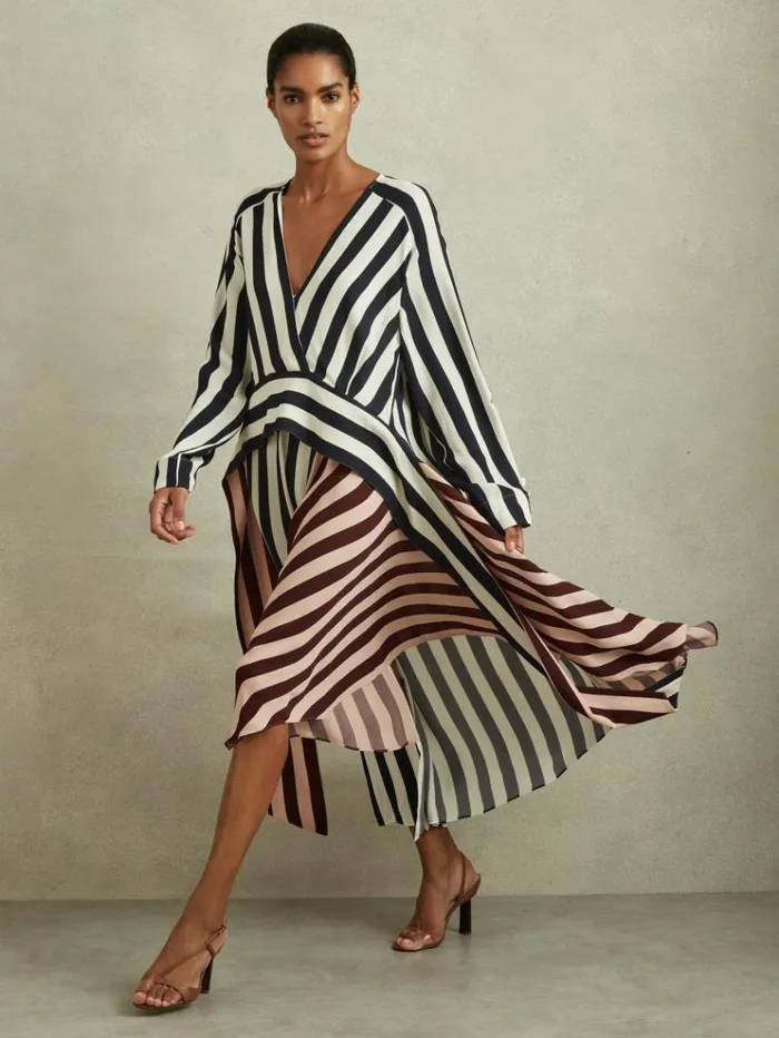 REISS Dresses Women Colourblock Stripe Asymmetric Midi Dress Navyoff White