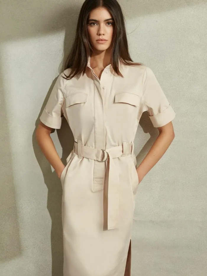 REISS Dresses Women Cotton Blend Utility Belted Midi Dress Stone