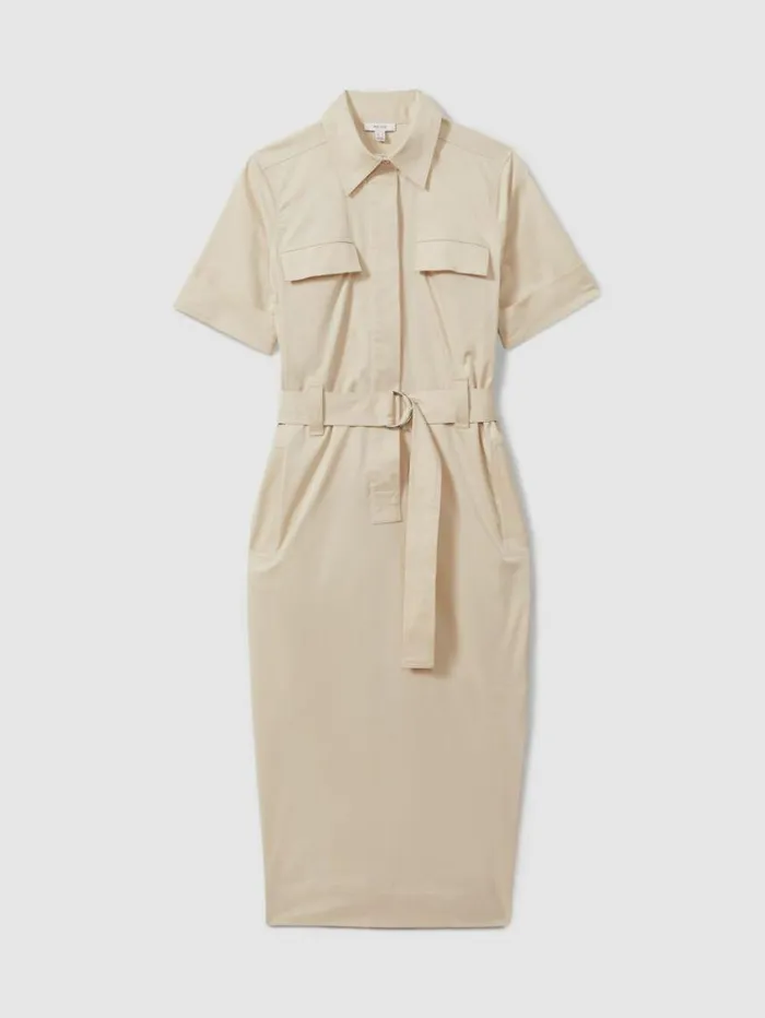 REISS Dresses Women Cotton Blend Utility Belted Midi Dress Stone