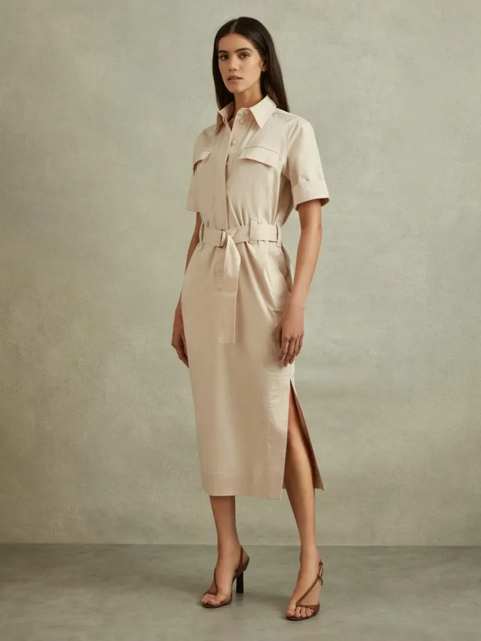 REISS Dresses Women Cotton Blend Utility Belted Midi Dress Stone
