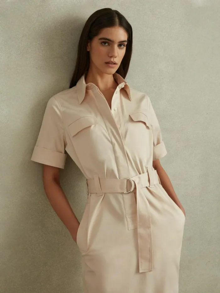 REISS Dresses Women Cotton Blend Utility Belted Midi Dress Stone