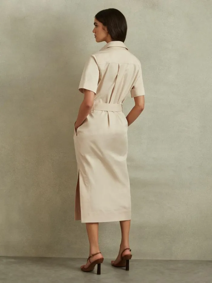 REISS Dresses Women Cotton Blend Utility Belted Midi Dress Stone