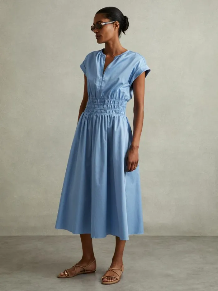 REISS Dresses Women Cotton Ruched Waist Midi Dress Blue