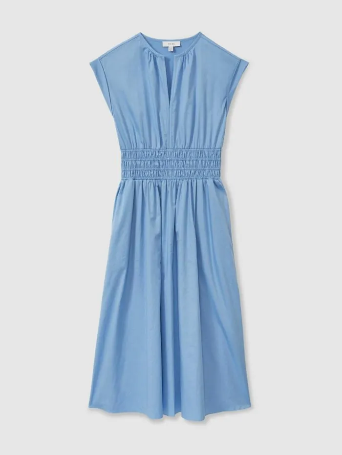 REISS Dresses Women Cotton Ruched Waist Midi Dress Blue