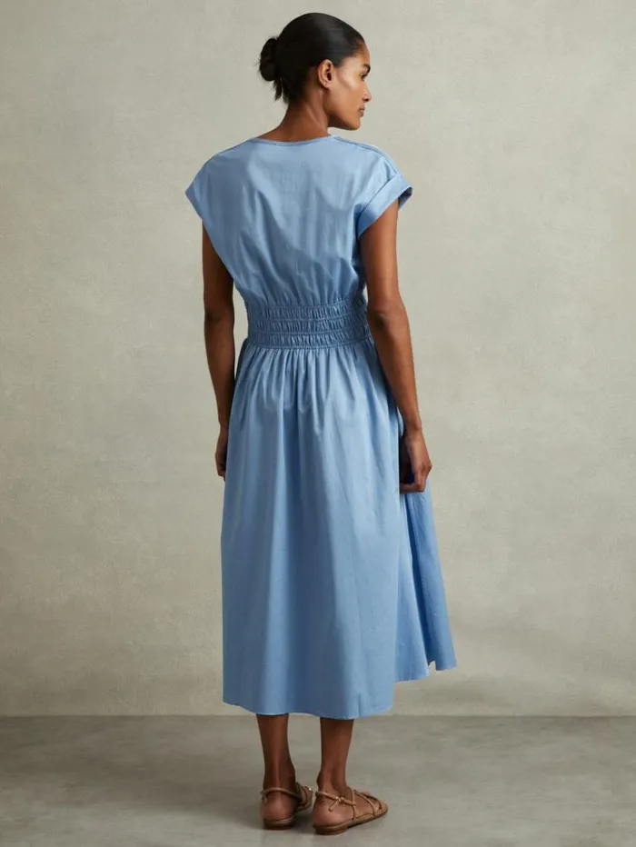 REISS Dresses Women Cotton Ruched Waist Midi Dress Blue