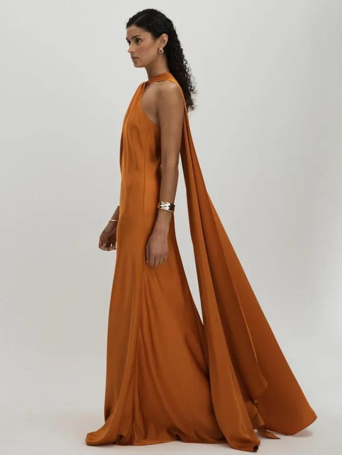 REISS Dresses Women Halston Halter Cape Maxi Dress Mustard
